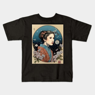 Japanese Streetwear Graphical Geiko Leia Vintage Cherry Blossom Woodblock Kids T-Shirt